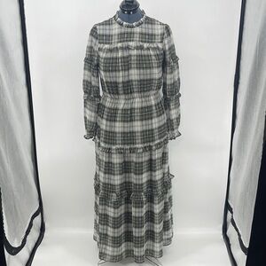MO:VINT GREEN Plaid Long Sleeve Maxi Dress WOMENS SIZE L